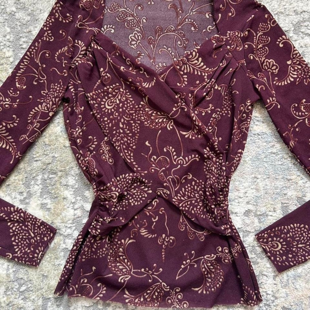 VTG y2k ruched v neck berry gold floral pattern longsleeve top fairy burgandy - Picture 3 of 6